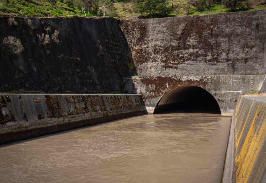 Arch culvert carrying a stream under a gravel road