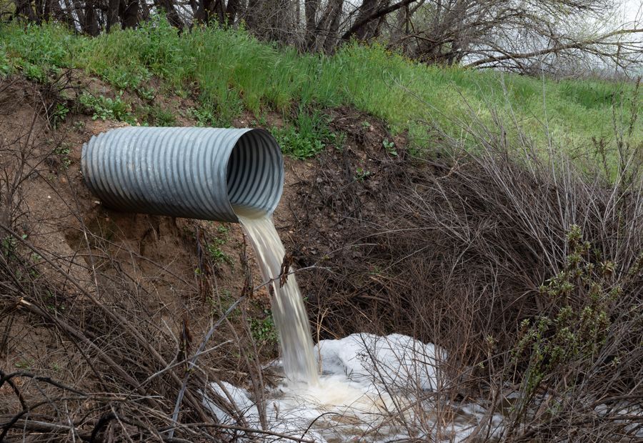 Corrugated metal culvert pipe discharging into a grassy ravine below a driveway