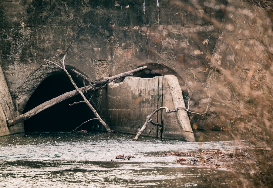 Twin concrete culvert outlets discharging into a rock lined stream
